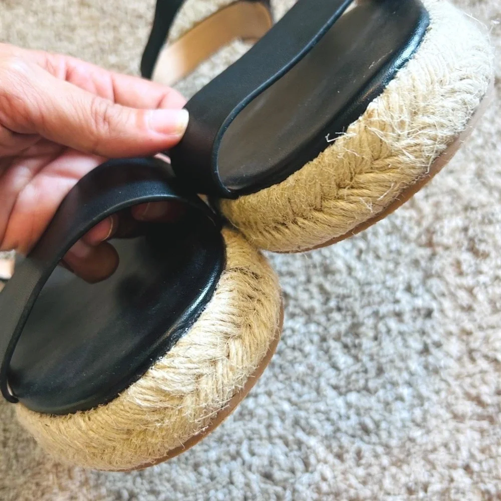 Saks Fifth Avenue Boho Black Leather Espadrille Platform Ankle Sandals SZ 9